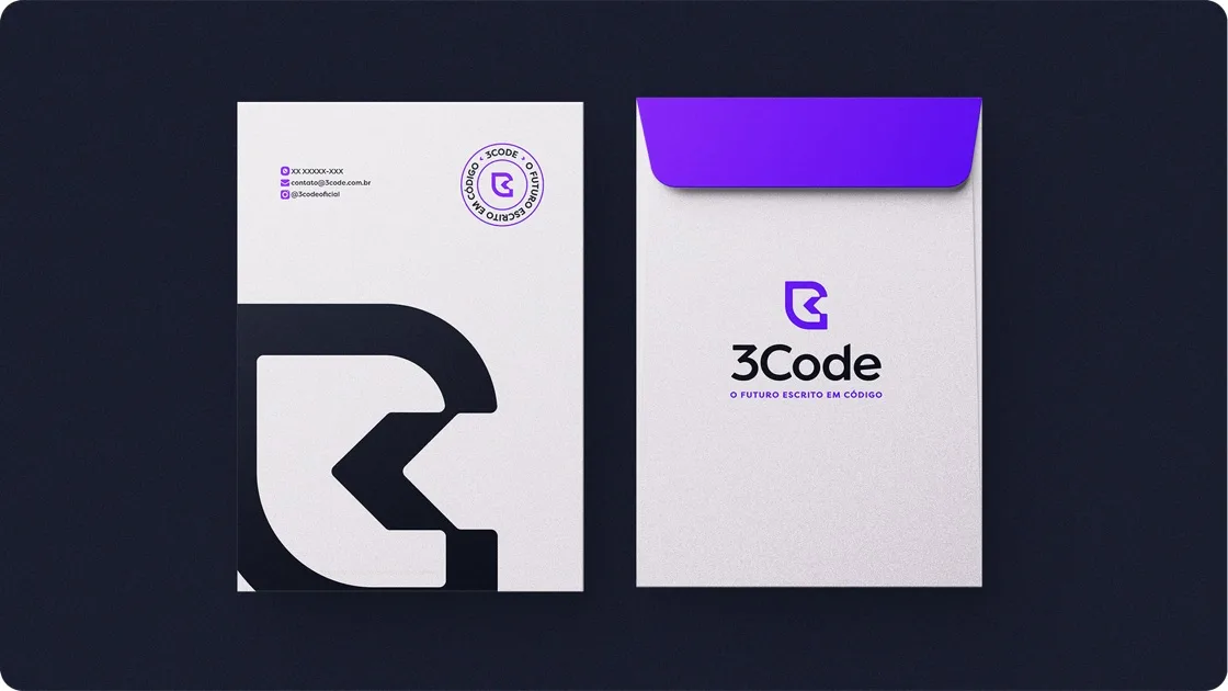 Envelope e papel timbrado com a identidade visual 3Code